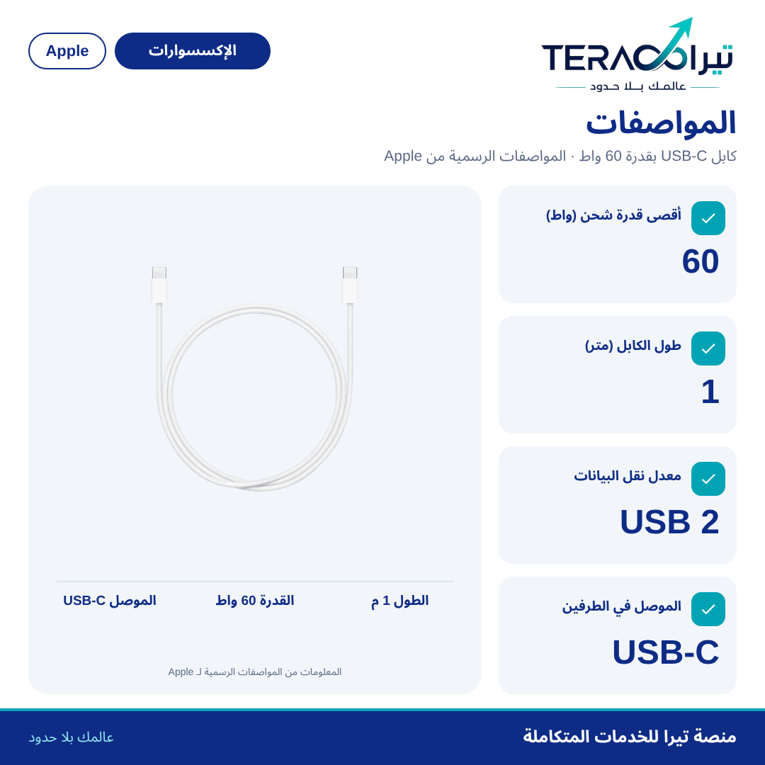 كابل شحن USB-C بقدرة 60 واط (1 م)