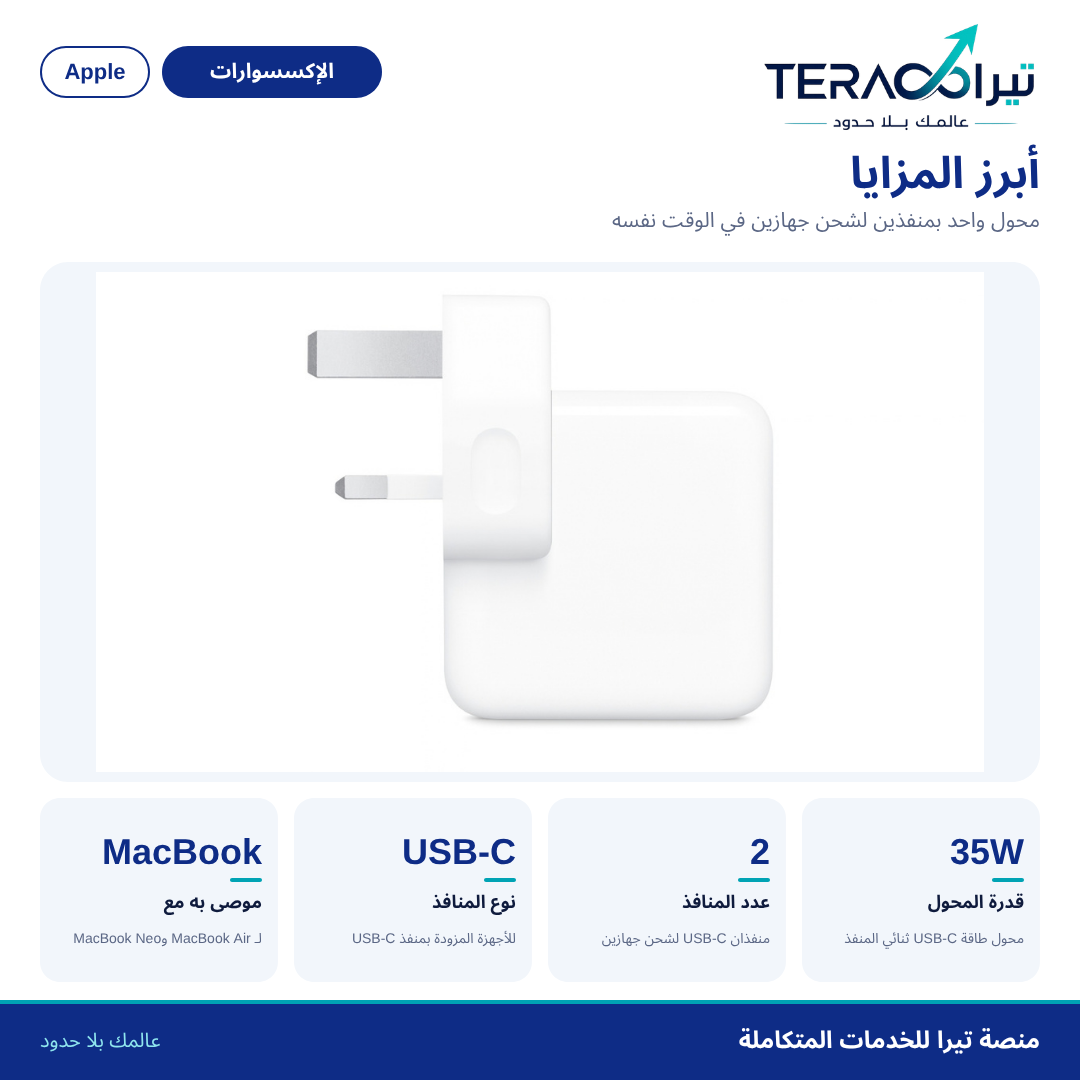 محول طاقة USB-C ثنائي المنفذ بقدرة 35 واط