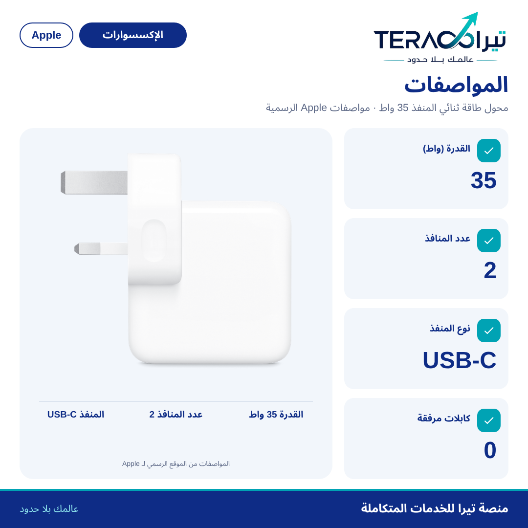 محول طاقة USB-C ثنائي المنفذ بقدرة 35 واط